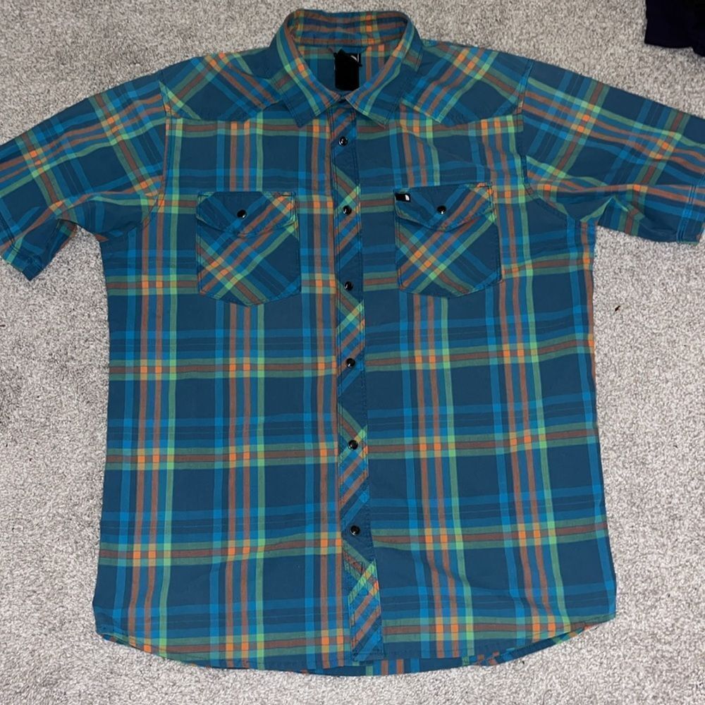 Vintage Western SS Cowboy Pearl Snap North Face Poly Cotton Trail Hiking Shirt M